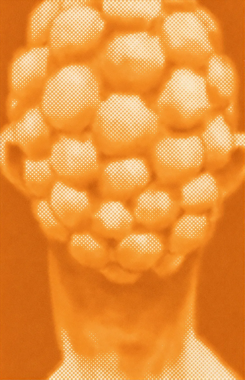A head lost behind honeycomb, the cells coming through as halftone dots and only the jaw left plain.