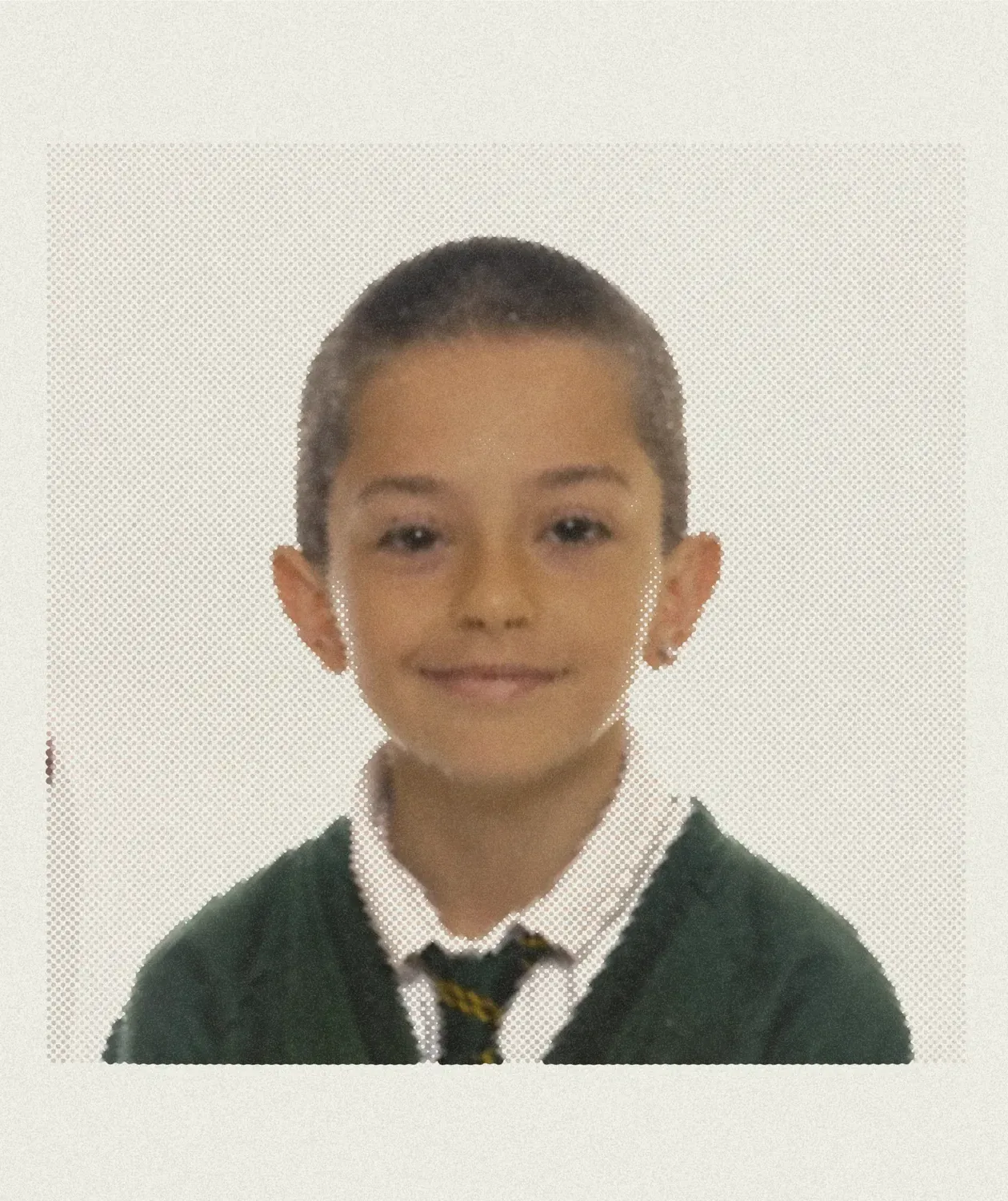 A school photograph. A boy in a green jumper and a striped tie, straight to camera.